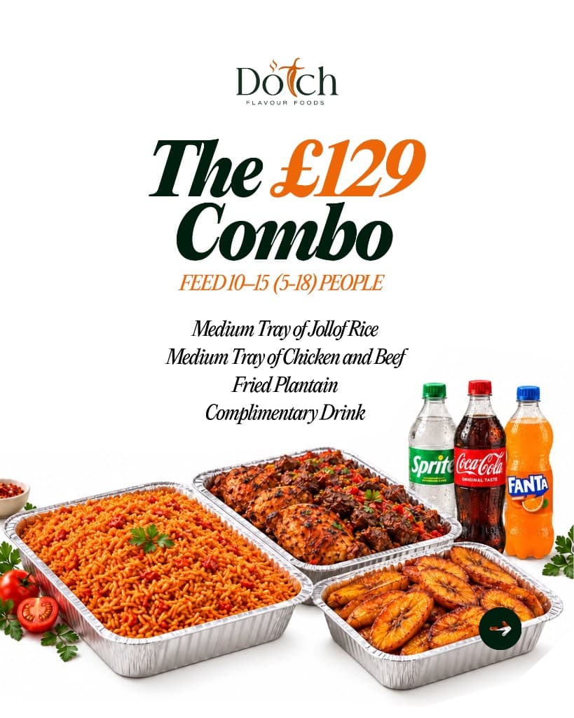 The £129 Combo with medium trays of jollof rice, chicken and beef, fried plantain and drinks
