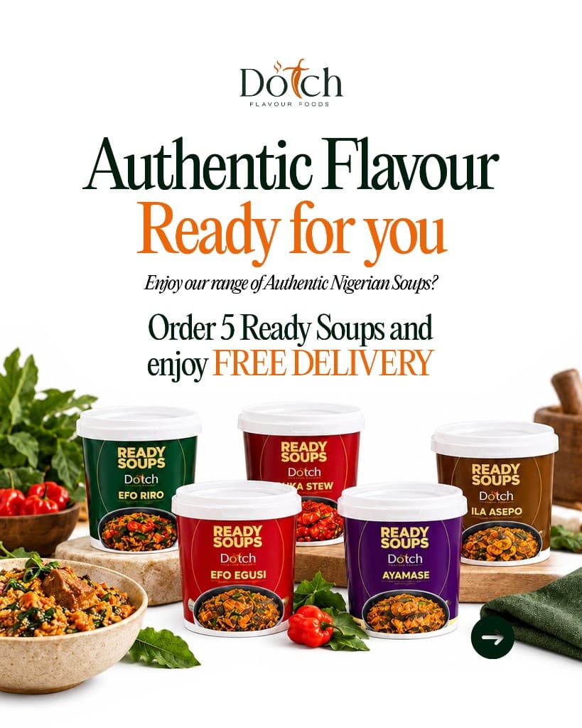 Five Ready Soups tubs — Efo Riro, Buka Stew, Ila Asepo, Efo Egusi and Ayamase